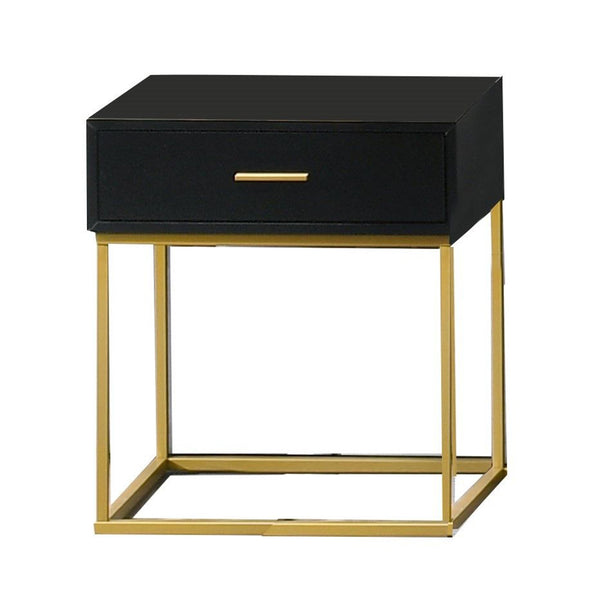 1 Drawer Wooden Nightstand with Metal Legs, Black and Gold - BM218947