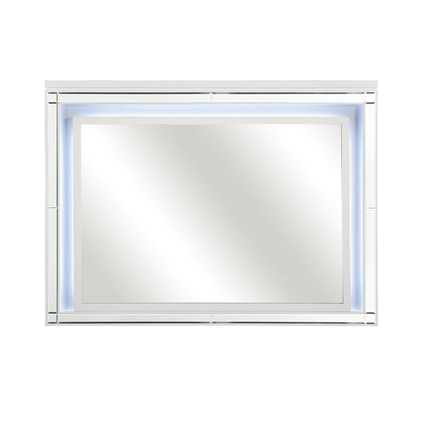 Contemporary Style Beveled Edge Mirror with LED Light, White and Silver - BM219063