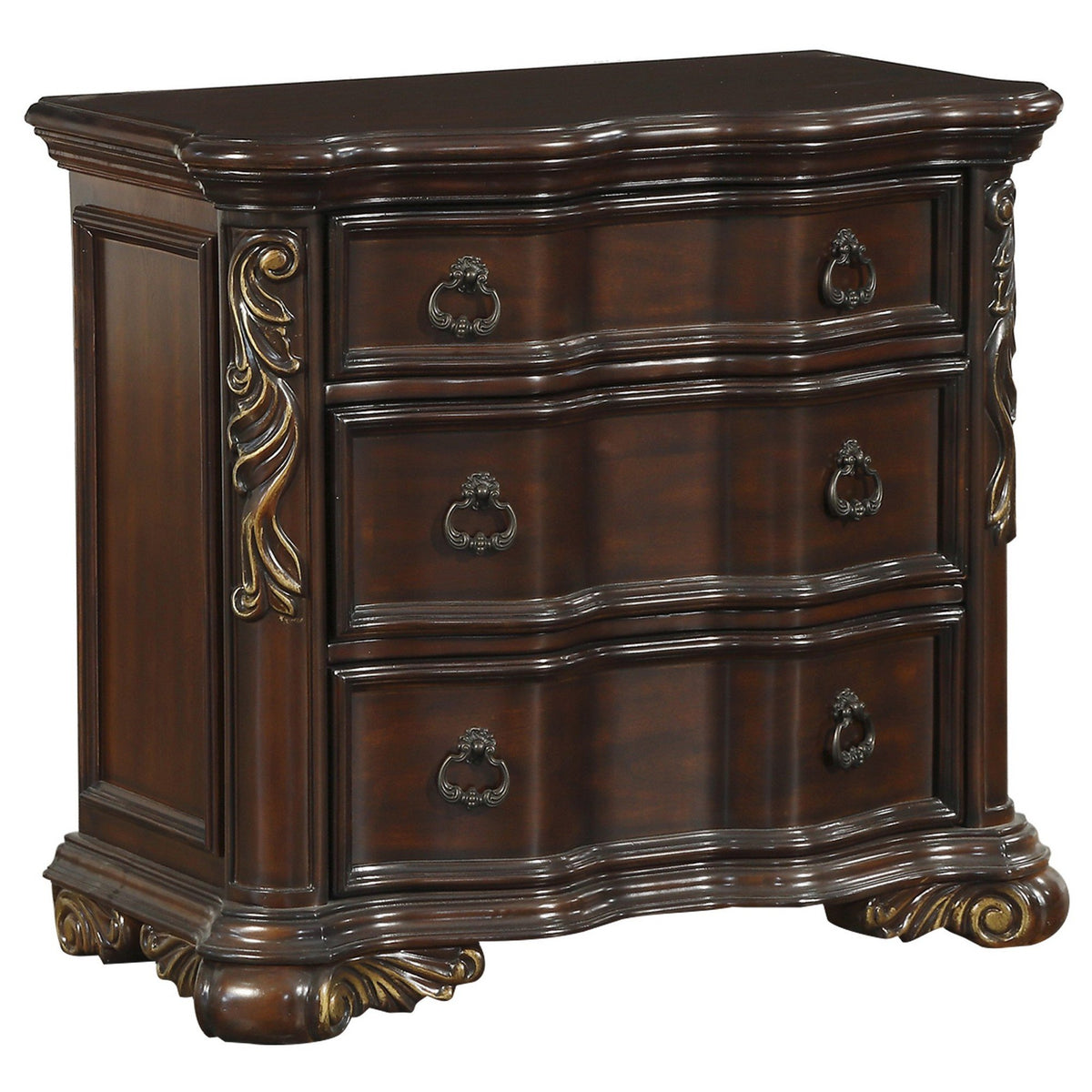 3 Drawer Nightstand with Carved Pilaster and Bracket Feet, Cherry Brown - BM219079
