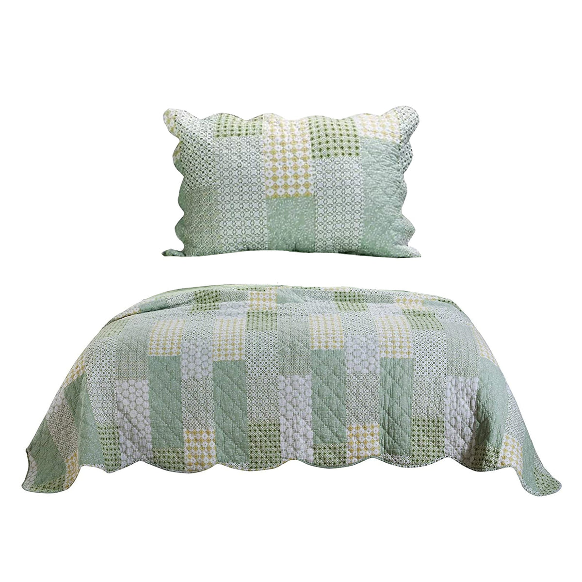 Reversible Fabric Twin Size Quilt Set with Geometric Pattern Motif, Green - BM219433