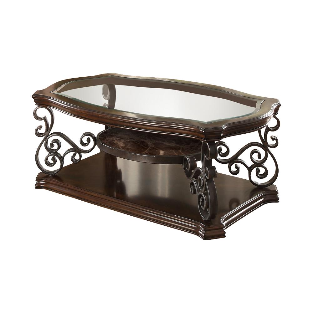 Tempered Glass Top Wooden Coffee Table with Ornate Metal Scrollwork, Brown - BM219595