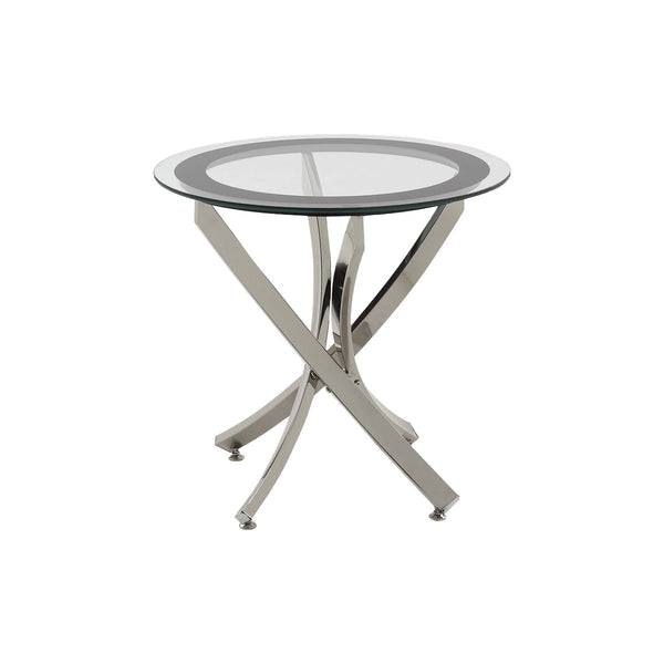 Round Tempered Glass Top End Table with Curved Metal Legs, Silver and Clear - BM219597