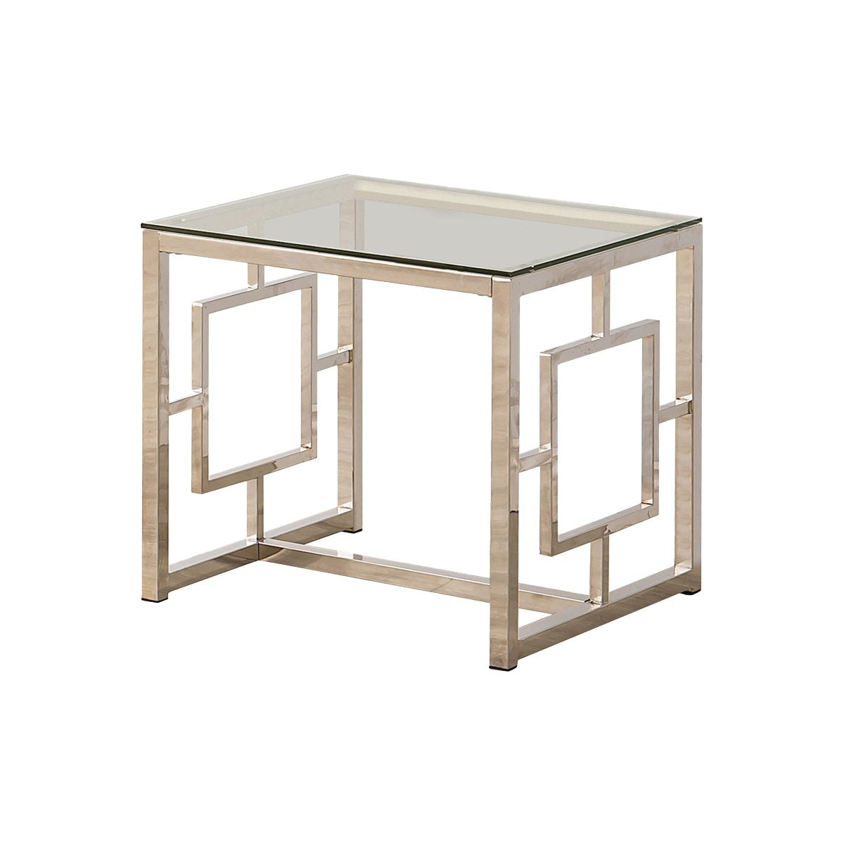 Tempered Glass Top End Table with Lattice Cut Out Panels, Silver and Clear - BM219599