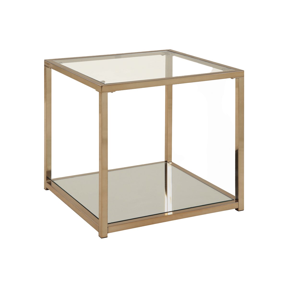 Glass Top End Table with Metal Frame and Open Shelf, Brass - BM219607