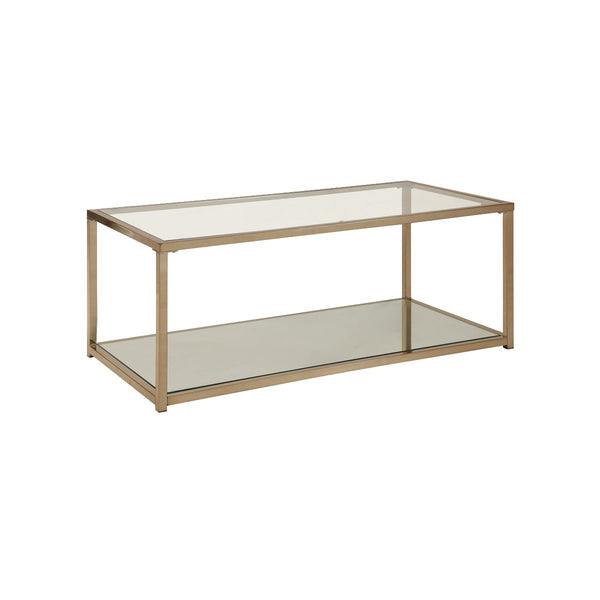 Glass Top Coffee Table with Metal Frame and Open Shelf, Brass - BM219608