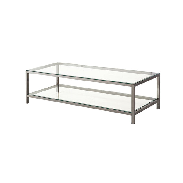 Glass Top Coffee Table with Metal Frame and Open Shelf, Silver - BM219615