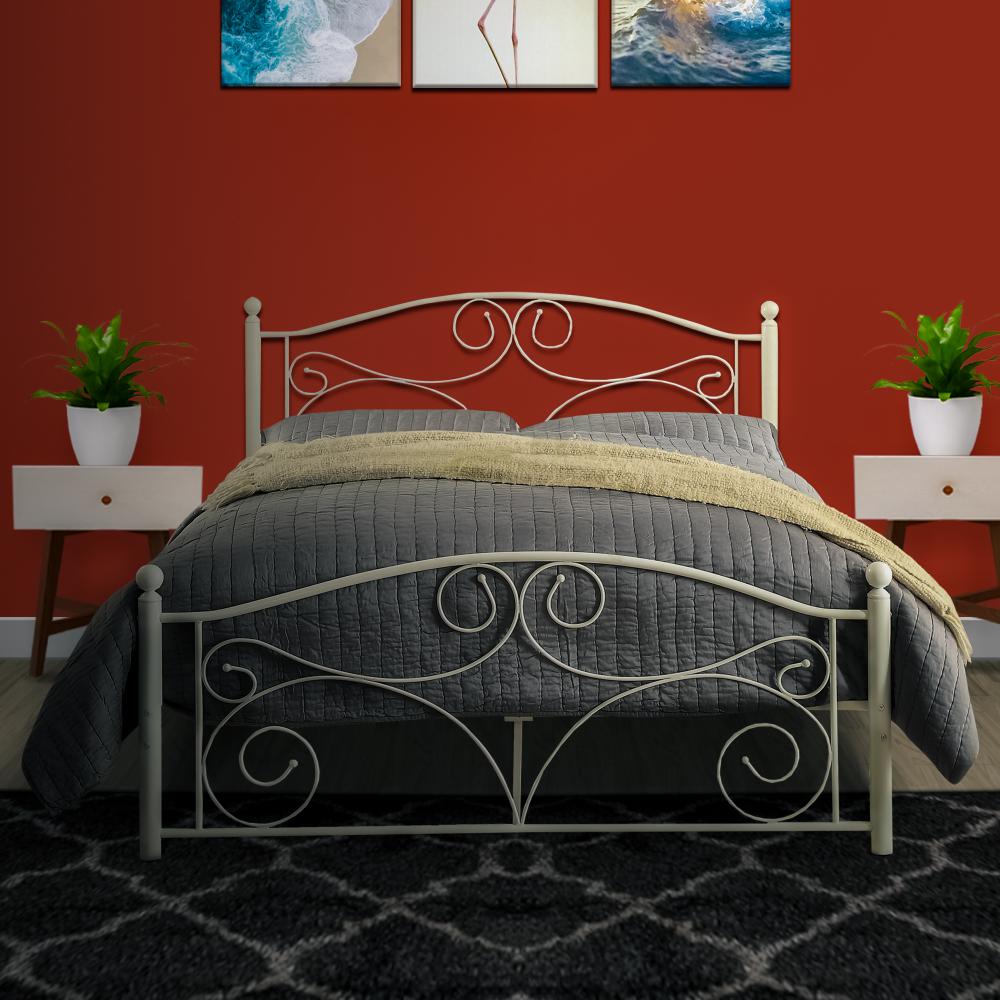 Metal Full Size Platform Bed with Scrollwork Details, White - BM219738