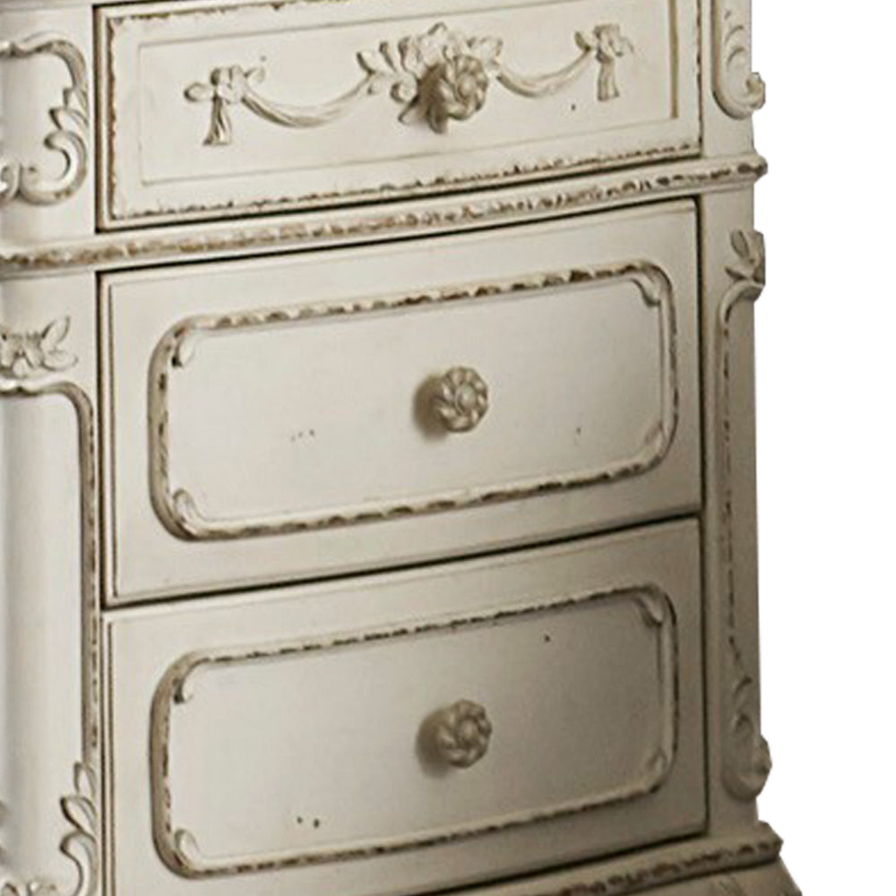 3 Drawer Nightstand with Floral Motif Carving Details, Antique White and Brown - BM219789