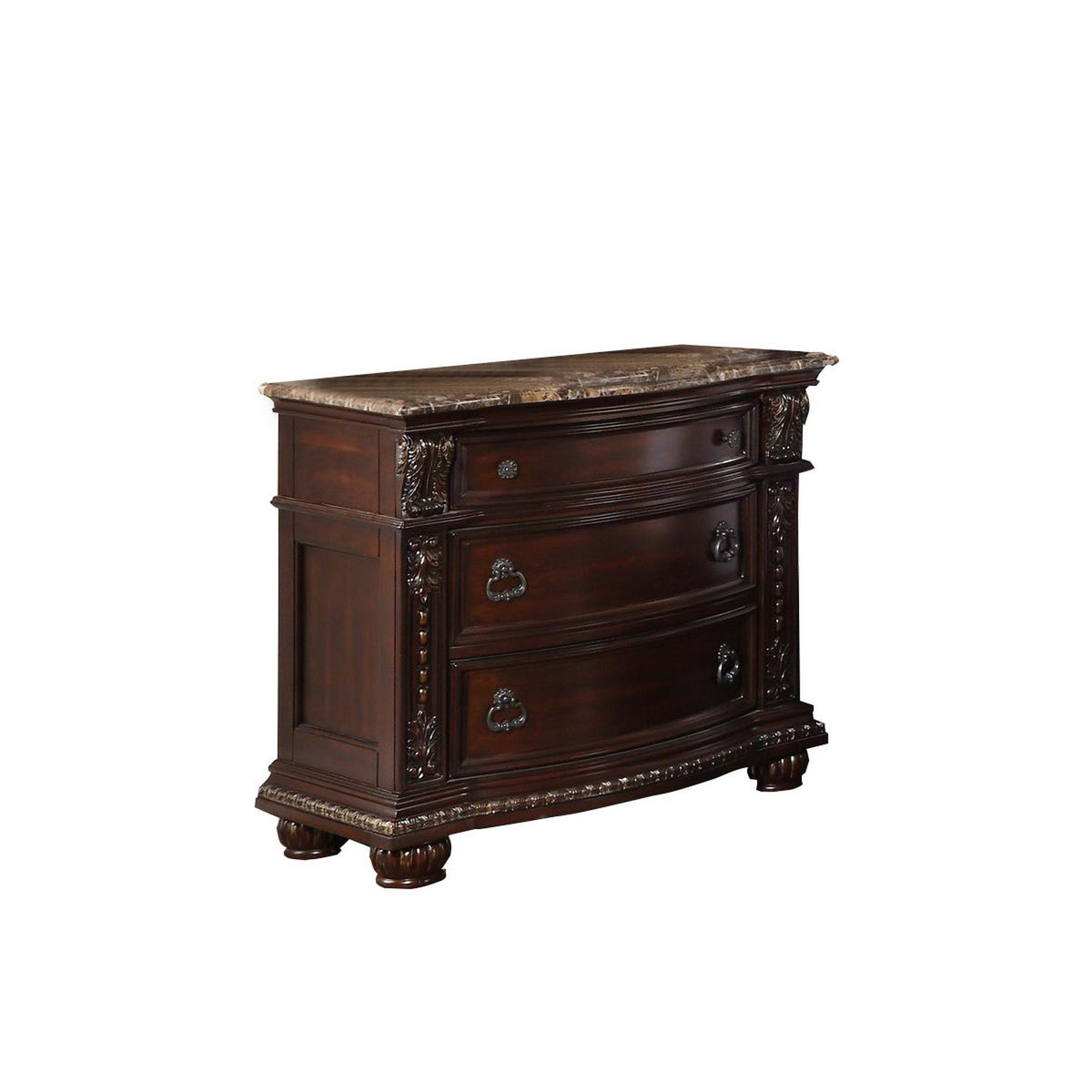 European Style Nightstand with 3 Drawers and Marble Top, Dark Cherry Brown - BM219819
