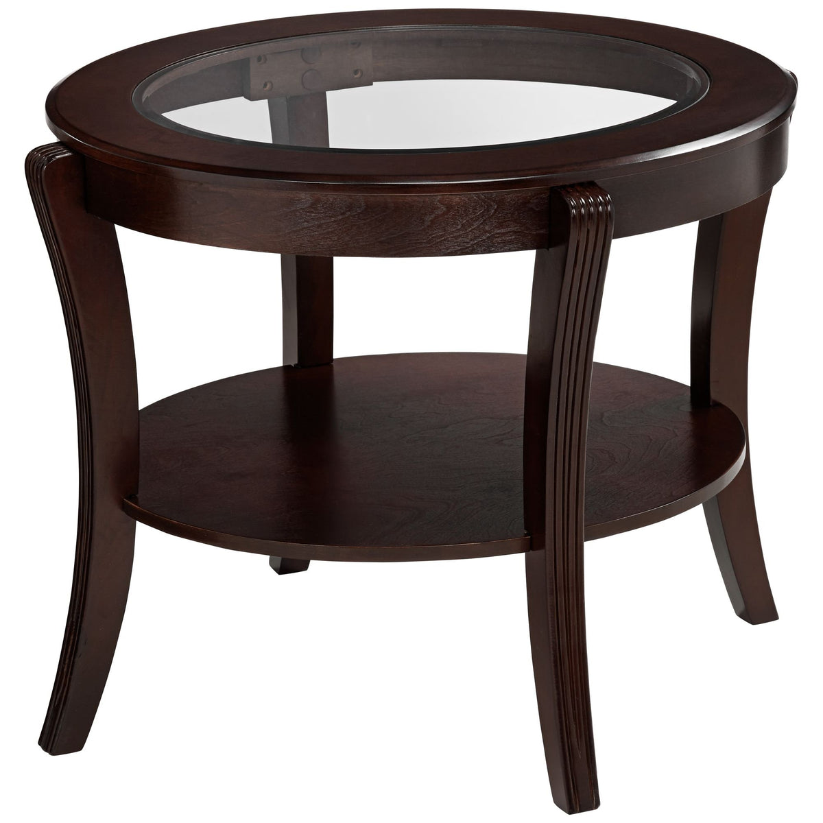 Oval Top Wooden End Table with Glass Insert and Open Shelf, Espresso Brown - BM219904