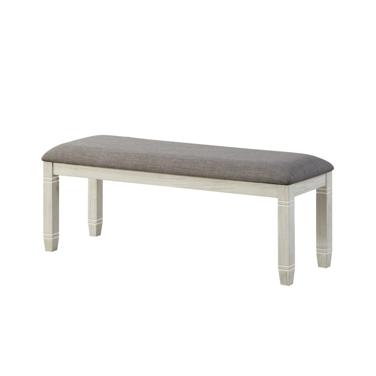 Fabric Upholstered Padded Bench with Tapered Feet, Antique White and Gray - BM219962