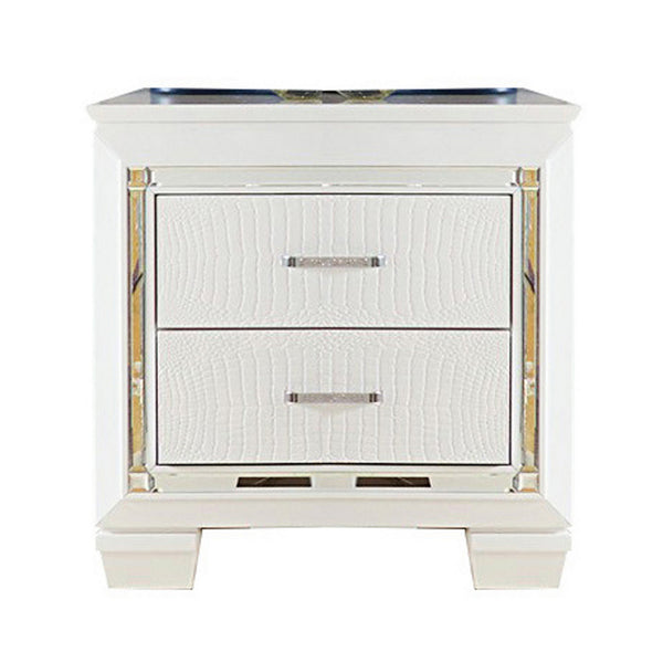 Contemporary Wooden Nightstand with 2 drawers and LED Lighting, White - BM219986