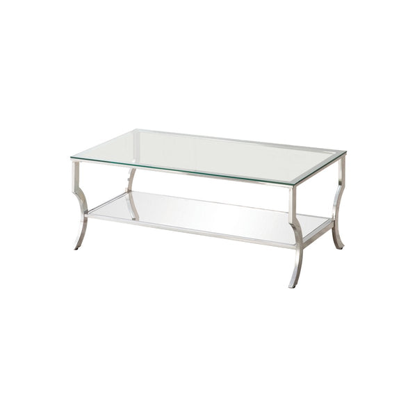 Glass Top Coffee Table with Metal Frame and Mirror Shelf, Chrome - BM220278