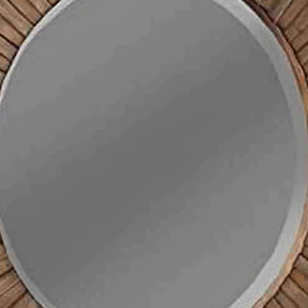 Transitional Sunburst Round Mirror with Wooden Frame, Brown - BM220483