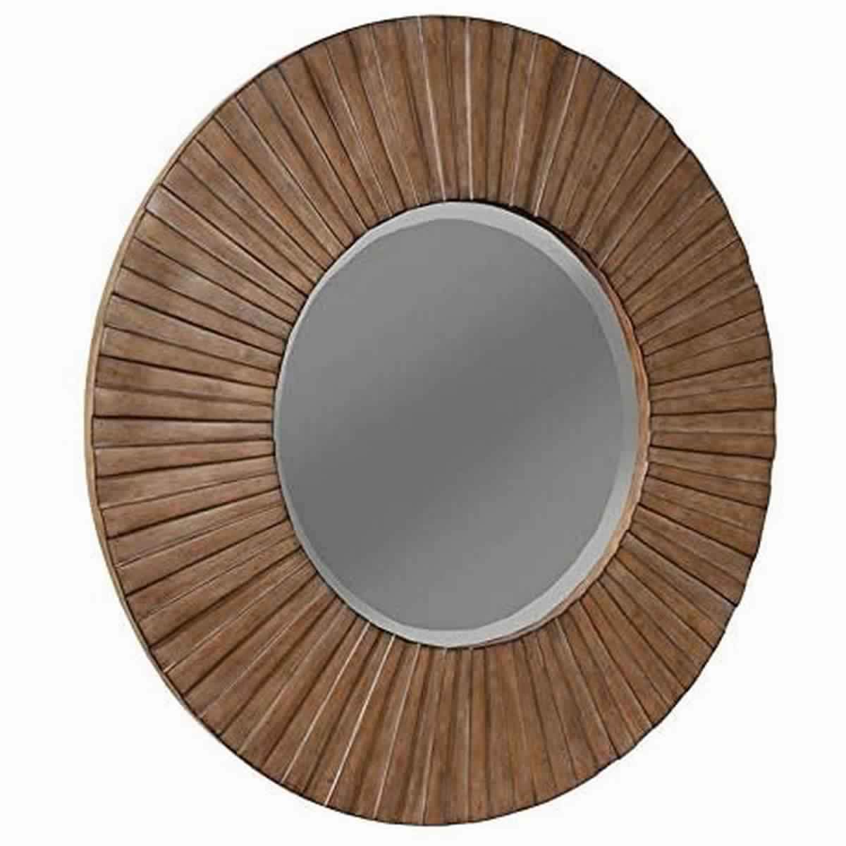 Transitional Sunburst Round Mirror with Wooden Frame, Brown - BM220483