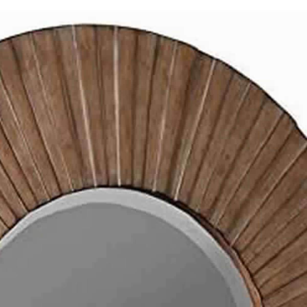 Transitional Sunburst Round Mirror with Wooden Frame, Brown - BM220483