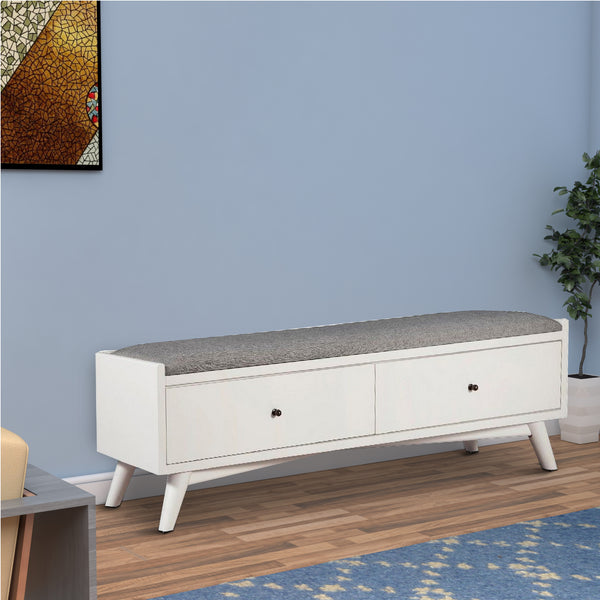 Benjara Fabric Upholstered Bedroom Bench with 2 Storage Drawers, White- BM220519