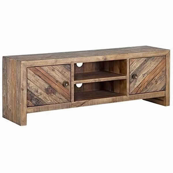 Wooden TV Console with 2 Cabinets and Open Center Shelf, Weathered Brown - BM220530