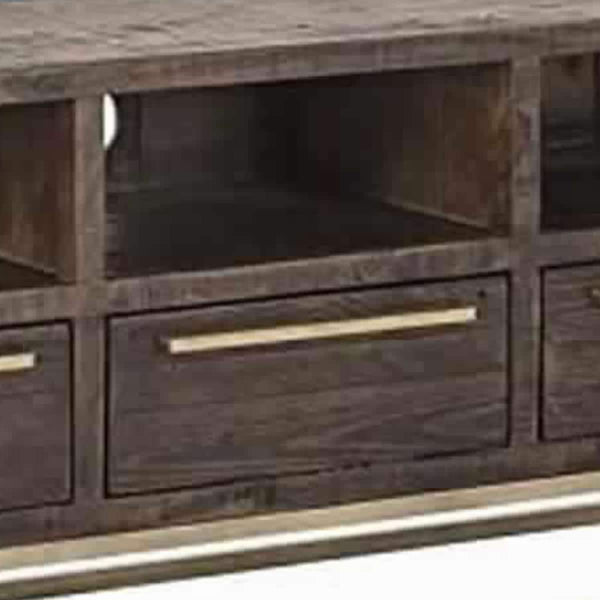 3 Drawer TV Console with Sled Base and 3 Open Compartments, Brown and Gold - BM220533