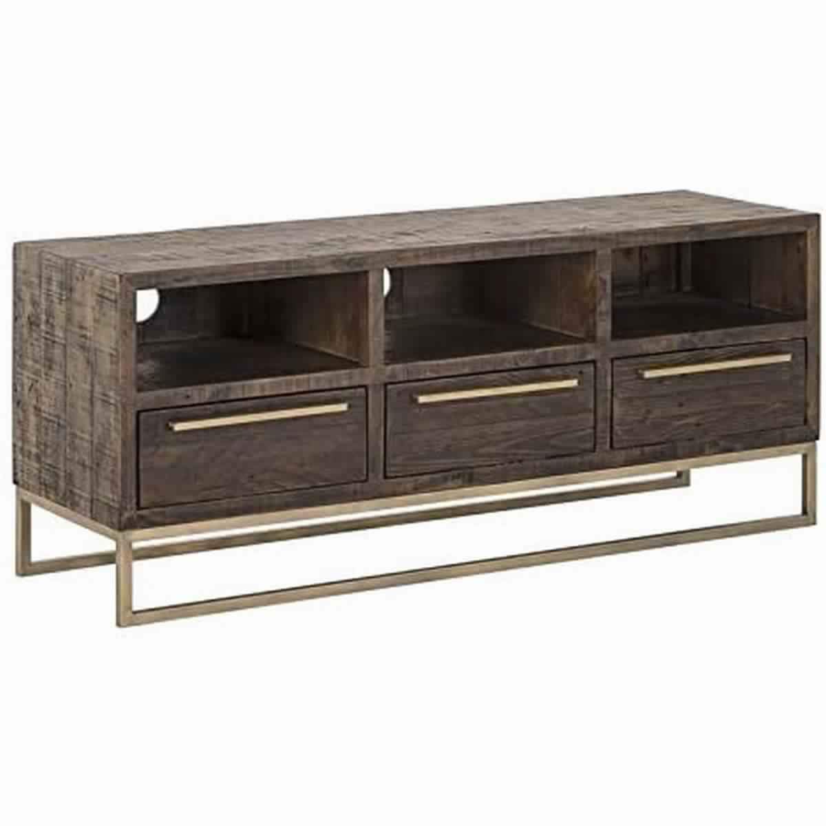 3 Drawer TV Console with Sled Base and 3 Open Compartments, Brown and Gold - BM220533