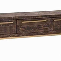 Wooden Sofa Table with 3 Storage Drawers and Metal Base, Brown and Gold - BM220544