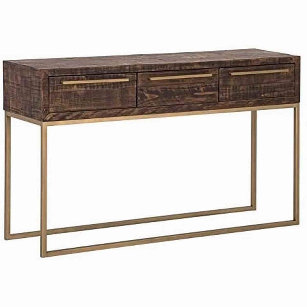 Wooden Sofa Table with 3 Storage Drawers and Metal Base, Brown and Gold - BM220544