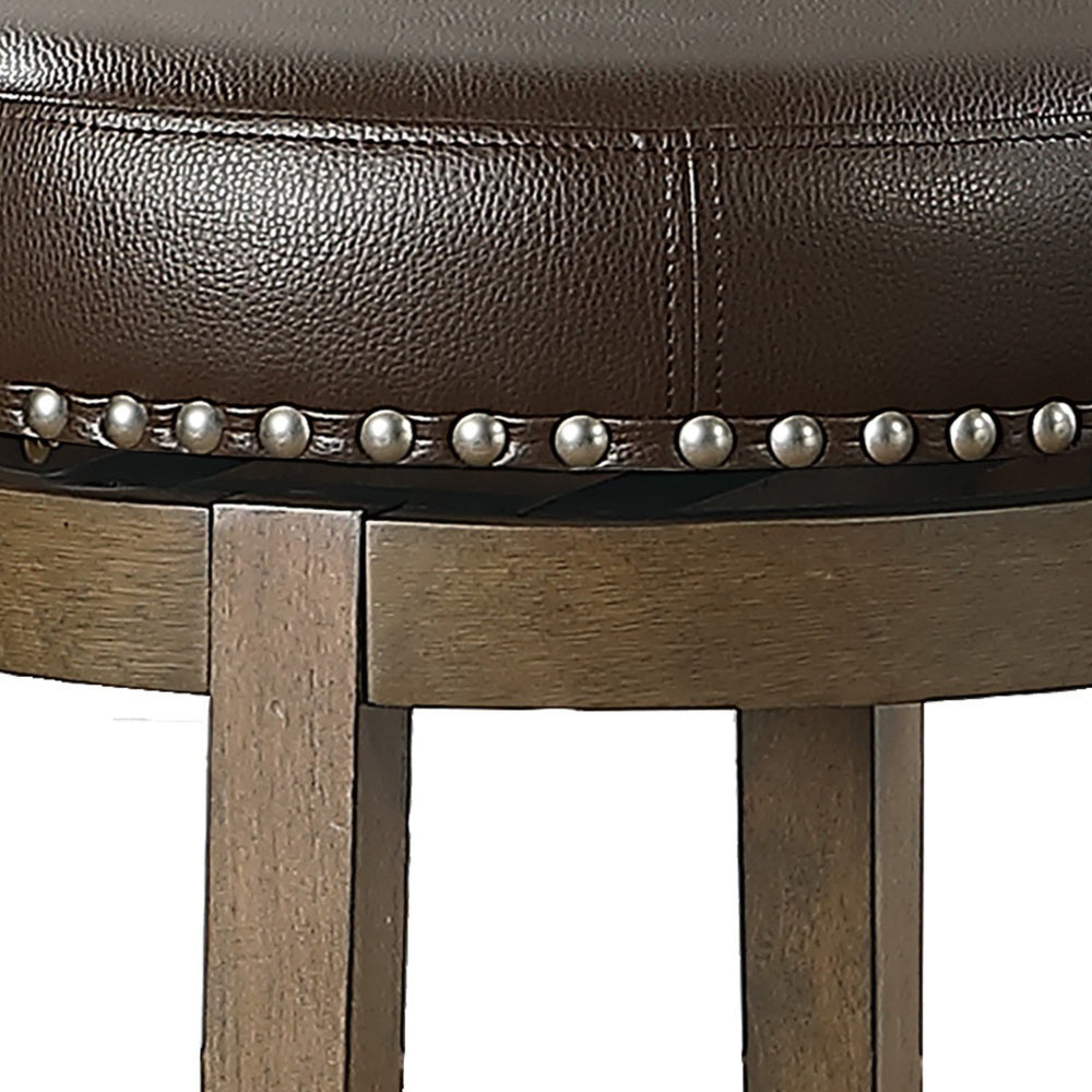 25 Inch Counter Height Swivel Stool, Nailhead Trim, Leatherette Seat, Set of 2, Brown - BM220922