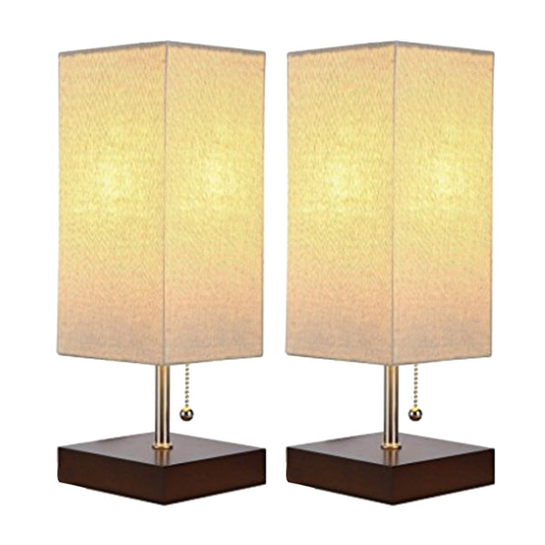 14 Inches Wooden Frame Table Lamp with Chain Pull Switch, Set of 2, Brown - BM221064