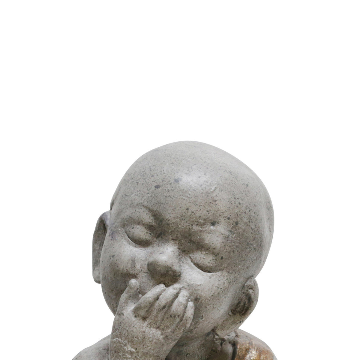 Polyresin Baby Monk Figurine with Covered Mouth, Weathered Gray - BM221082