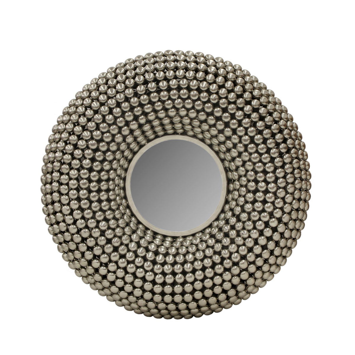 31 Inch Metal Wall Decor with Mirror and Studded Nail Accents, Silver - BM221137