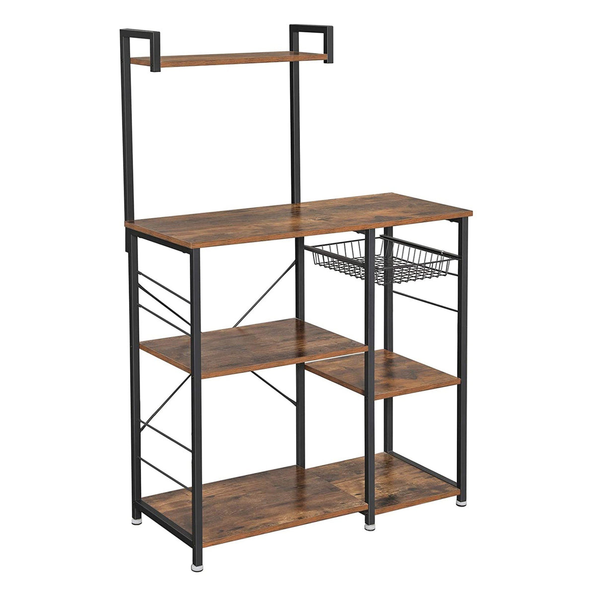 Wooden Utility Storage with 5 Shelves and Wire Basket, Brown and Black - BM221272