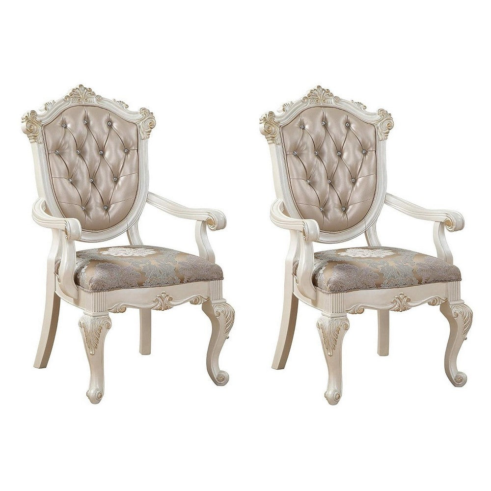 Wooden Arm Chair with Floral Patterned Padded Seat, Set of 2,White and Gold - BM221497