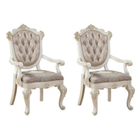 Wooden Arm Chair with Floral Patterned Padded Seat, Set of 2,White and Gold - BM221497