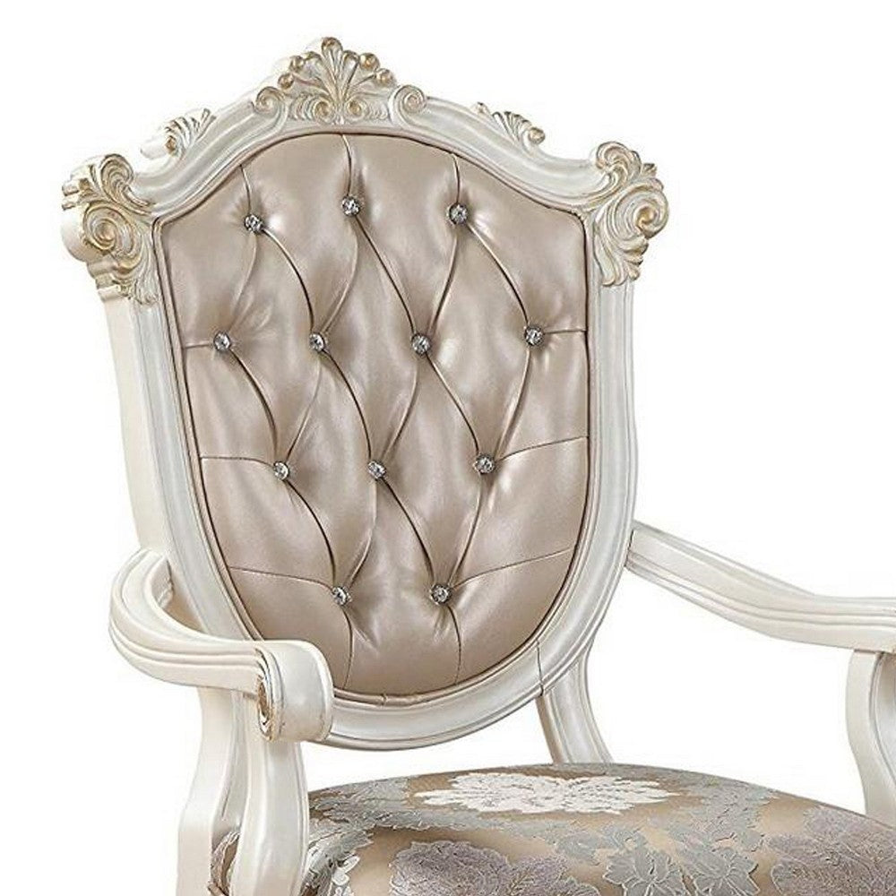 Wooden Arm Chair with Floral Patterned Padded Seat, Set of 2,White and Gold - BM221497