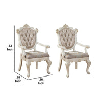 Wooden Arm Chair with Floral Patterned Padded Seat, Set of 2,White and Gold - BM221497