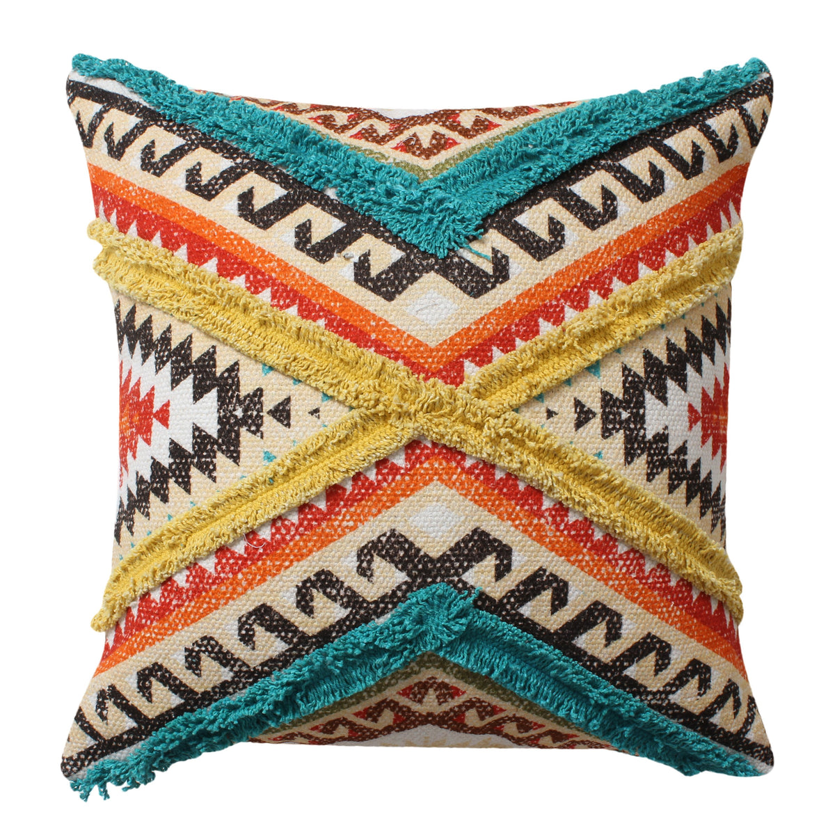 18 x 18 Square Cotton Accent Throw Pillow, Aztec Tribal Inspired Pattern, Trimmed Fringes, Multicolor - BM221647