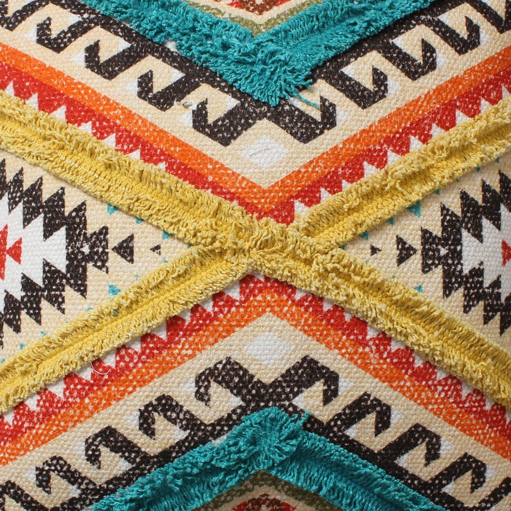 18 x 18 Square Cotton Accent Throw Pillow, Aztec Tribal Inspired Pattern, Trimmed Fringes, Set of 2, Multicolor - BM221647
