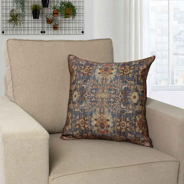 Gib 18 x 18 Handcrafted Square Cotton Accent Throw Pillow, Ornate Vintage Floral Pattern, Blue, Brown - BM221661