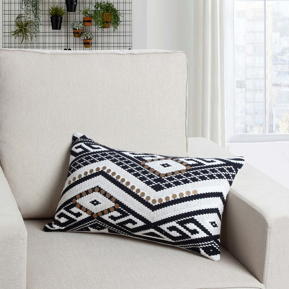 12 x 20 Rectangular Handwoven Jacquard Accent Lumbar Throw Pillow Sequins Geometric Design Set of 2 White Black BM221673