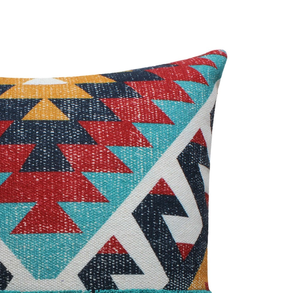 24 x 24 Square Handwoven Cotton Dhurrie Accent Throw Pillow, Aztec Kilim Pattern, Tassels, Set of 2, Multicolor - BM221676