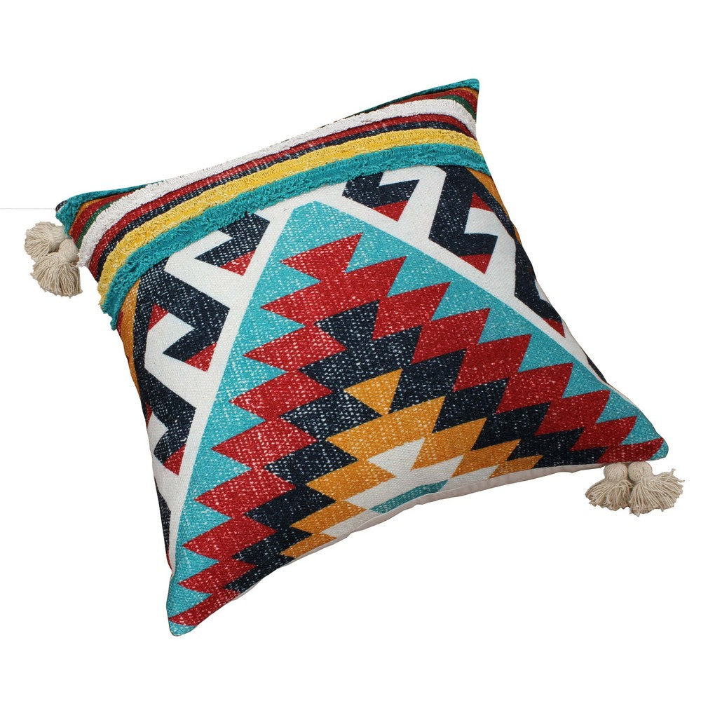 24 x 24 Square Handwoven Cotton Dhurrie Accent Throw Pillow, Aztec Kilim Pattern, Tassels, Set of 2, Multicolor - BM221676