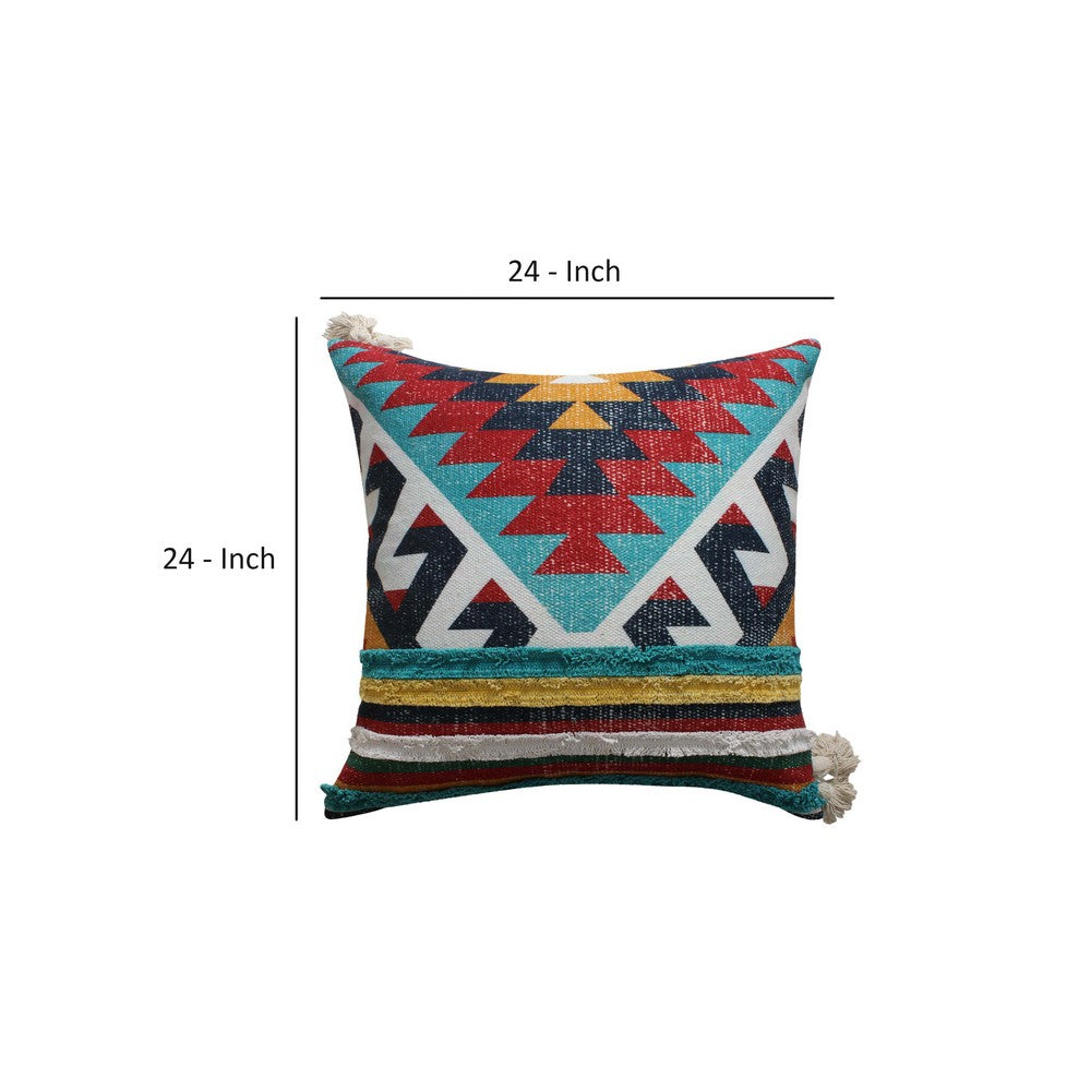 24 x 24 Square Handwoven Cotton Dhurrie Accent Throw Pillow, Aztec Kilim Pattern, Tassels, Set of 2, Multicolor - BM221676