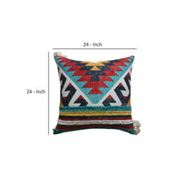 24 x 24 Square Handwoven Cotton Dhurrie Accent Throw Pillow, Aztec Kilim Pattern, Tassels, Set of 2, Multicolor - BM221676