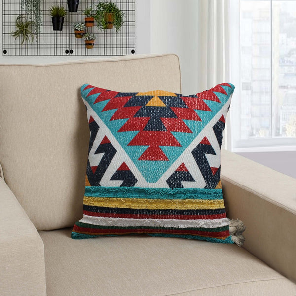 24 x 24 Square Handwoven Cotton Dhurrie Accent Throw Pillow, Aztec Kilim Pattern, Tassels, Set of 2, Multicolor - BM221676