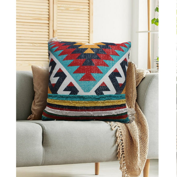 24 x 24 Square Handwoven Cotton Dhurrie Accent Throw Pillow, Aztec Kilim Pattern, Tassels, Set of 2, Multicolor - BM221676