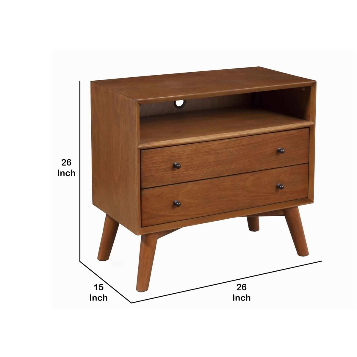 2 Drawer Wooden Nightstand with Open Compartment and Splayed Legs, Brown - BM222486