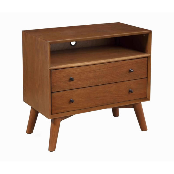 2 Drawer Wooden Nightstand with Open Compartment and Splayed Legs, Brown - BM222486