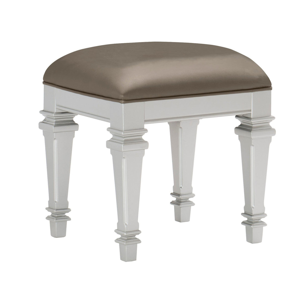 Leatherette Padded Vanity Stool with Tapered Legs and Molded Detail, Silver - BM222649