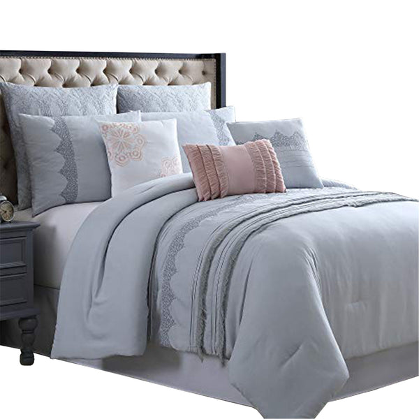 Valletta 8 Piece King Comforter Set with Embroidery and Pleats The Urban Port, Gray - BM222754