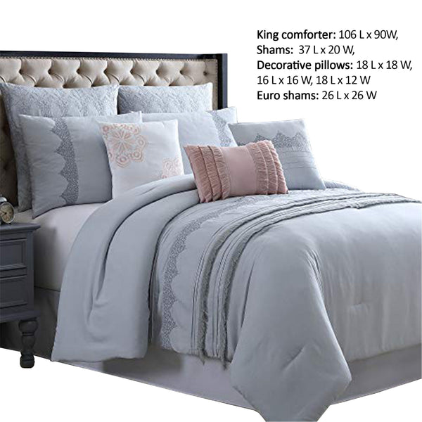Valletta 8 Piece King Comforter Set with Embroidery and Pleats The Urban Port, Gray - BM222754